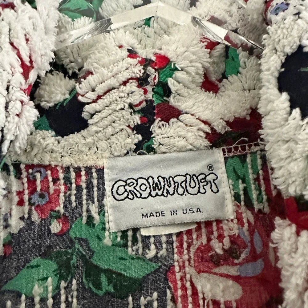 Vtg Crowntuft Chenille Robe Women L White Floral 80s Long Belted USA‎ Made Flaw
